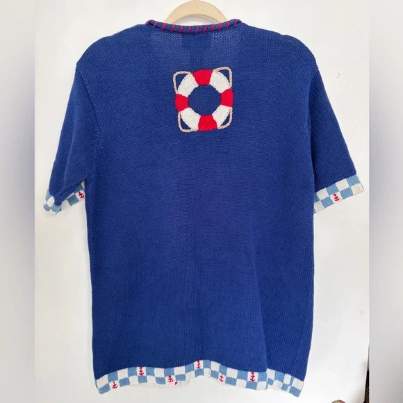 Quacker Factory Blue Knit Top with Red Stitching - Picture 4 of 8
